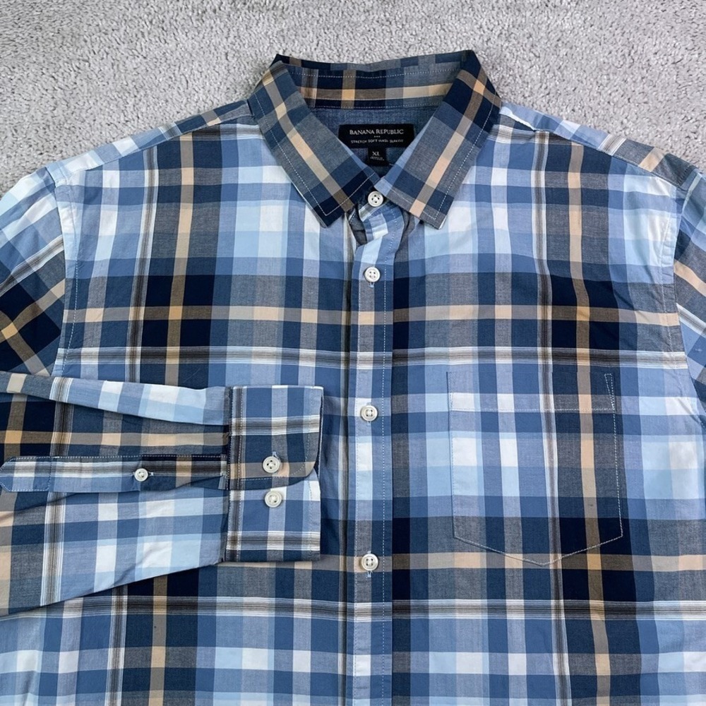 Banana Republic Shirt Mens XL Blue Plaid Stretch‎ Soft Wash Slim Fit Button Up